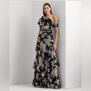 Lauren Ralph Lauren One Shoulder Floral Maxi Dress Black White Ruffle Size 10